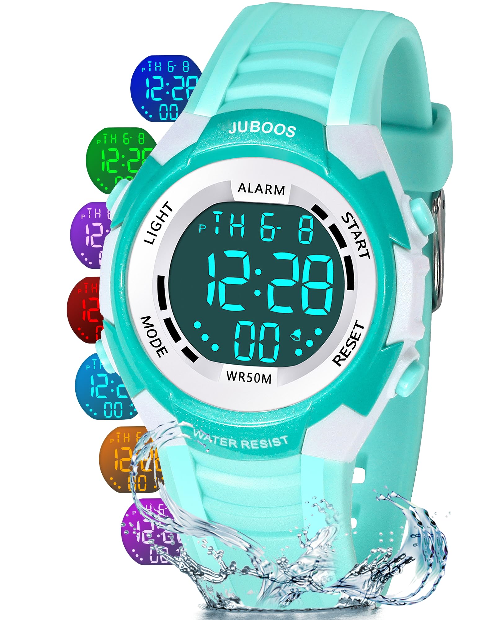 Juboos Kid's Digital Watch for Boys and Girls, Waterproof LCD Digital Sports Kids Watch with 7 Color LED Lights, Stopwatch, Alarm