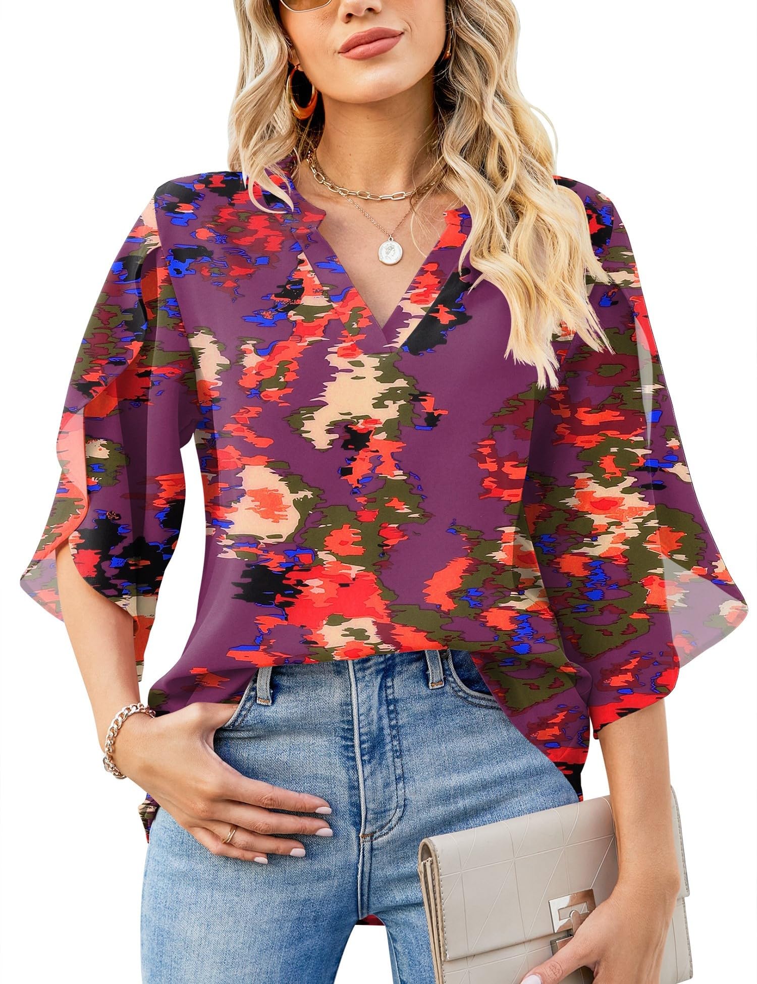 LUYAA Women's Casual Chiffon Blouse Tops 3/4 Ruffled Sleeve V Neck Loose Fit Blouses Shirts