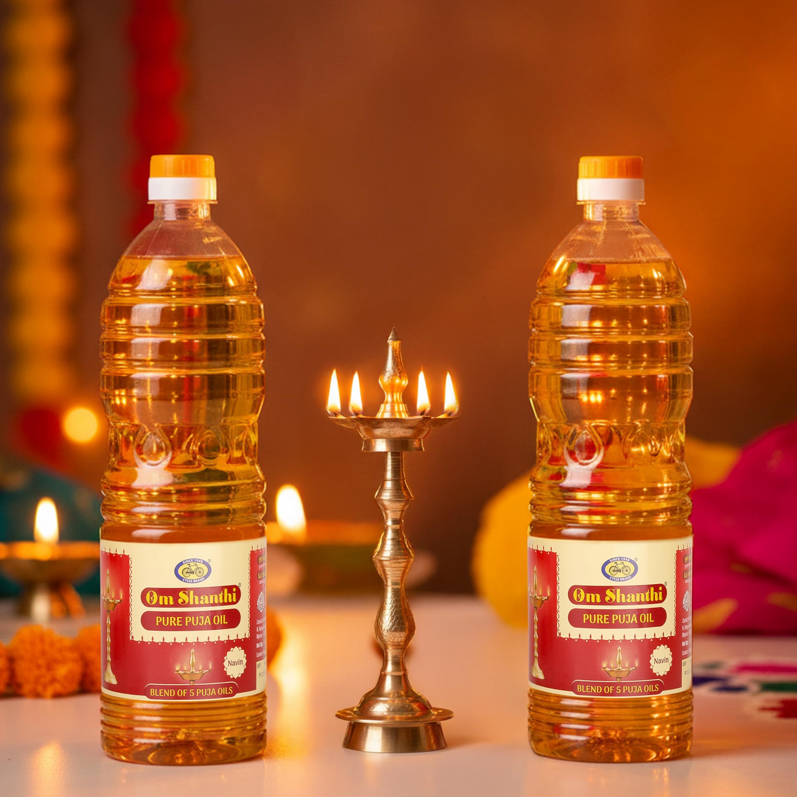 Cycle Pure Om Shanthi Navin Puja Oil | Festivals, Havan | Til Oil for Puja | Blend of 5 Puja Oils with Tulsi Fragrance | Daily Puja Items | Pack of 2 (1 Litre/pack)