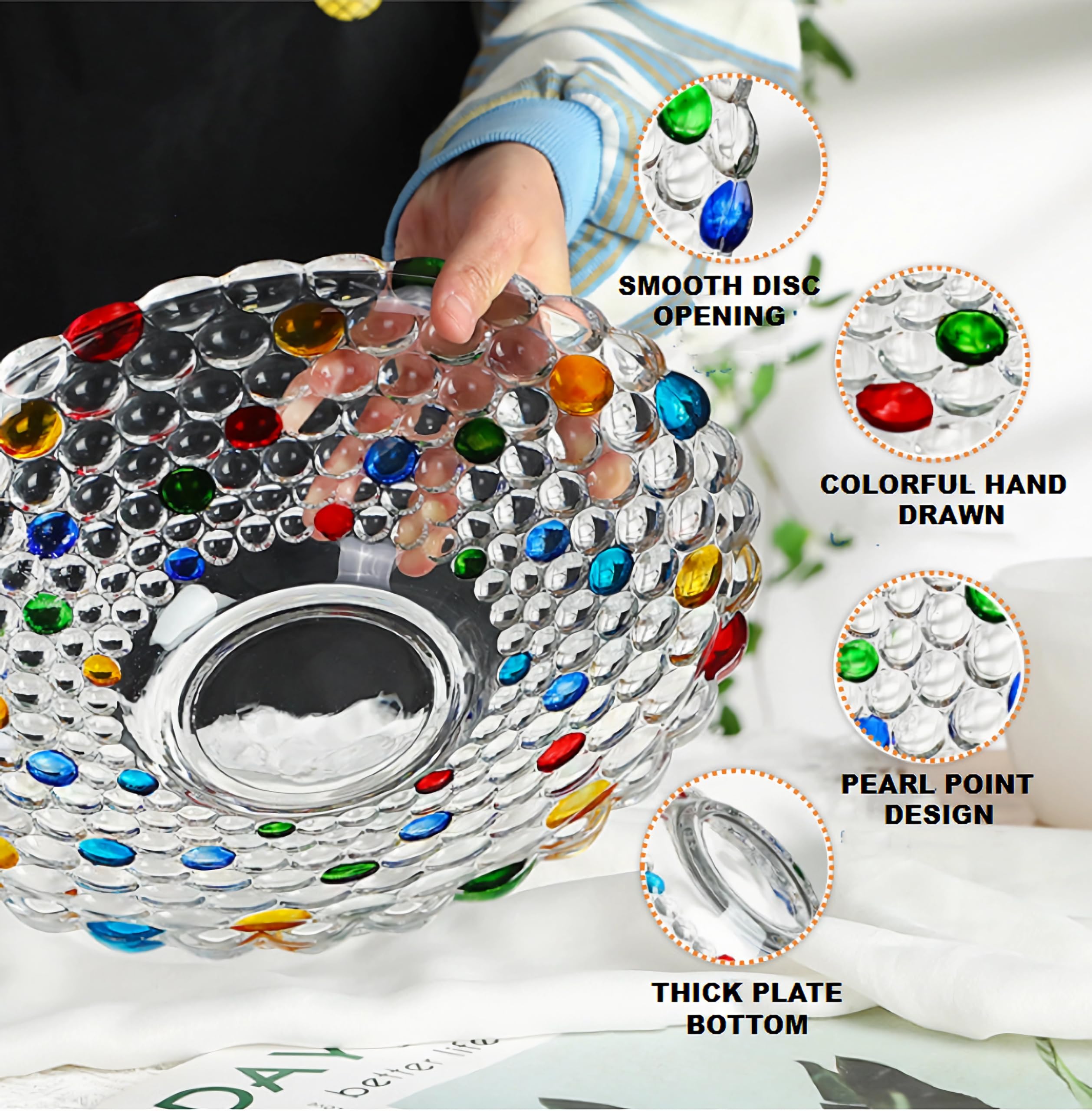 KNC Colorful Crystal Glass Fruit Bowl,Hand Painted Pearl Point Art Glass Bowl, Decorative Plate to Display Salad Dessert Cake Candy Snack for Home,Office,Wedding, Lagre, HMF25