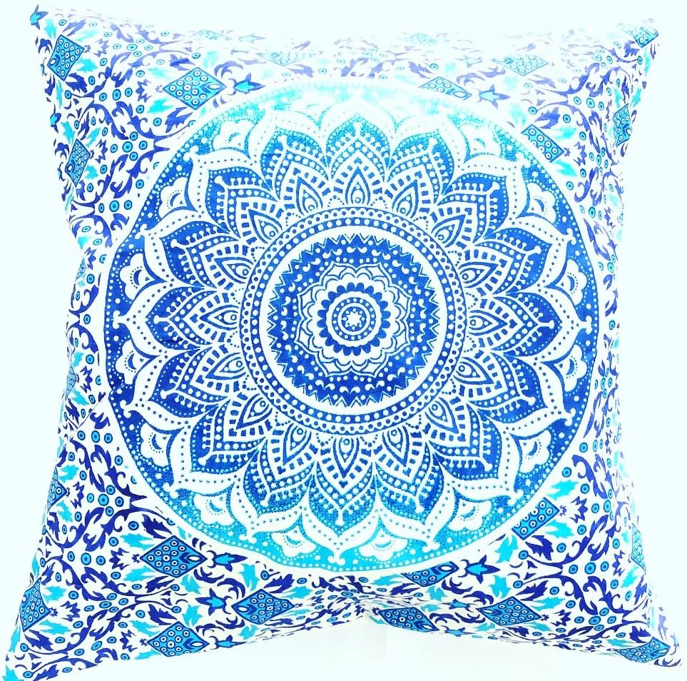 MOGI Blue Ombre 16X16 Indian Ethnic Mandala Peacock Bohemian Colorful Cotton Square For Sofa Set Home Decorative Boho Throw Pillow Case Cushion Cover By Monika Enterprises