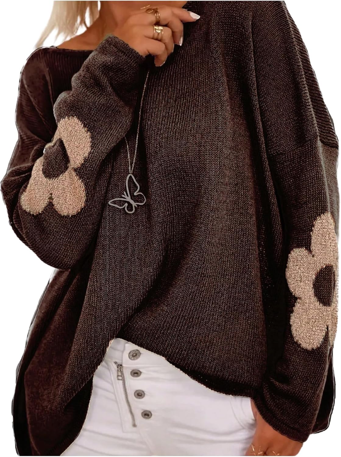 SOLY HUX Women's Plus Size Floral Sweater Long Sleeve Oversized Fall Knit Pullover Tops