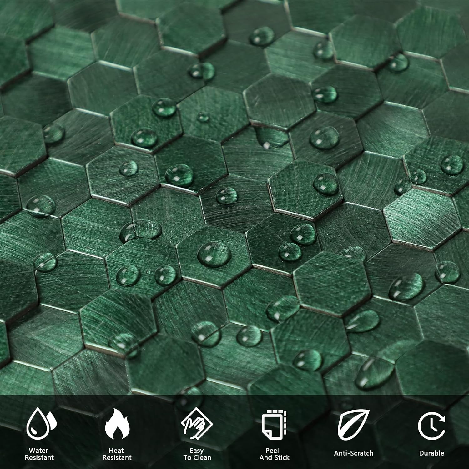 6-Sheet Green Peel and Stick Backsplash for Kitchen, 3D Mini Hexagon Metal Mosaic Self Adhesive Stick on Wall Tiles for Living Room Fireplace (12”x12”)