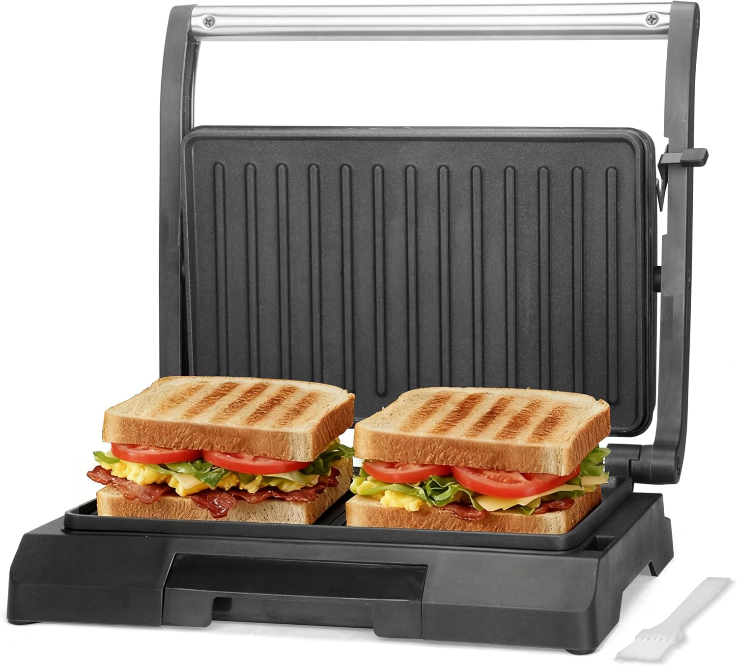 Baker's Friend Mini Panini Press elektrische grill voor sandwiches, pannenkoeken en eieren, antiaanbakoppervlakken, roestvrij staal