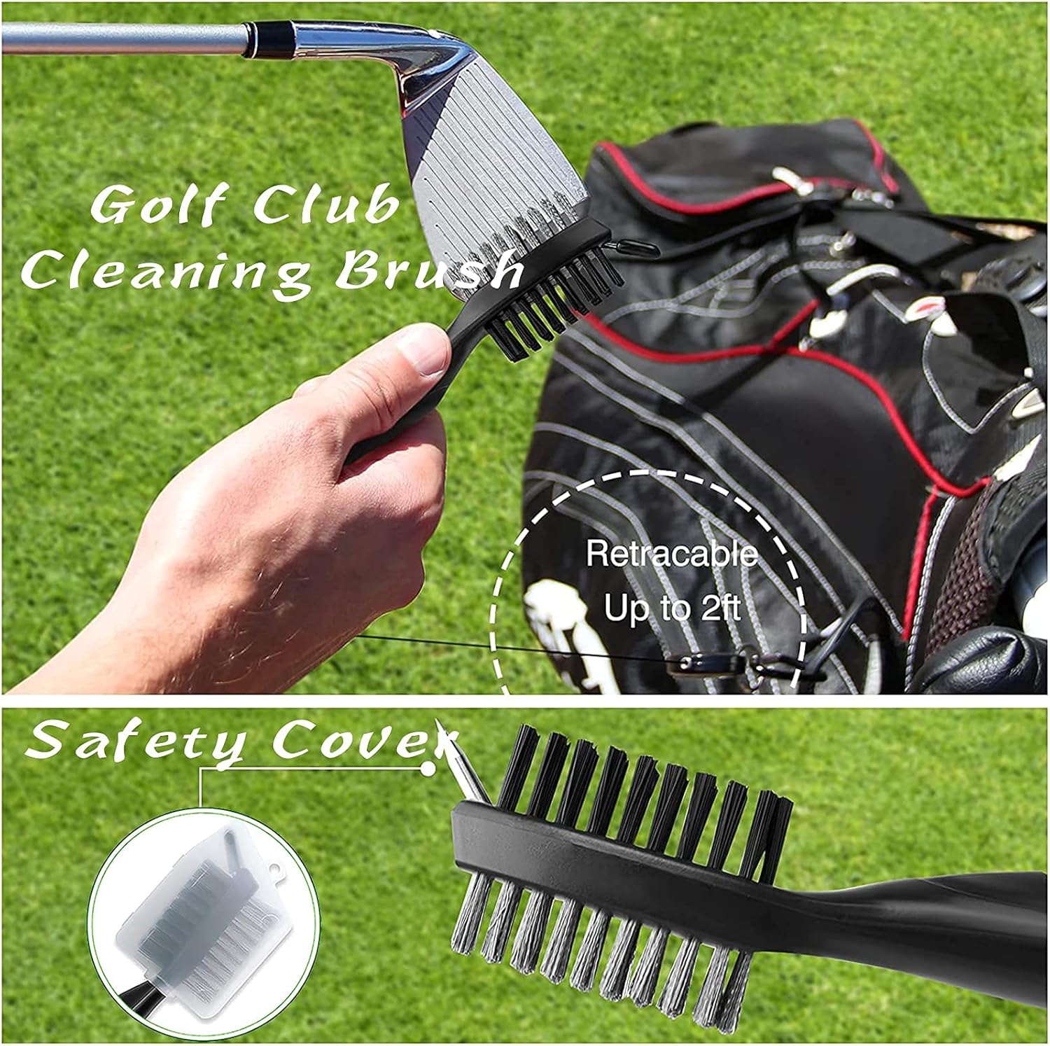 Golf Club Brush, Golf Brush 2-in-1 with Groove Cleaner, Extendable Golf Club Cleaning Brush Set with Aluminium Carabiner, Double-Sided Brush for Cleaning Club Head Groove