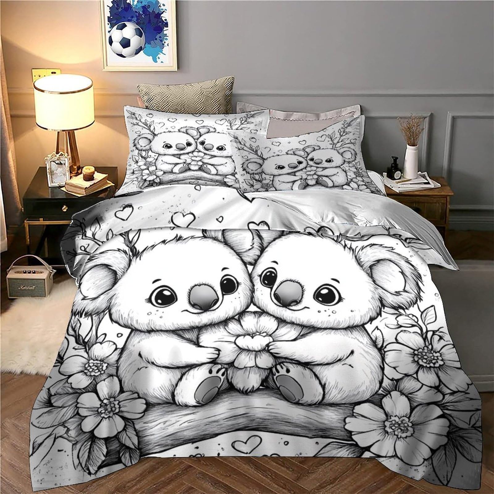 Süßes Koala-Pärchen 3D-Bedruckt 3er-Set Steppbezug Cartoon-Tierillustration Bettbezug Mikrofaser Hypoallergen Atmungsaktiv für Kinder Jugendliche Erwachsene Super King（260x220cm）