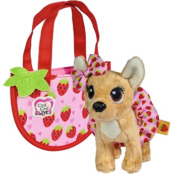 Simba Chichi Love Little Berry Chihuahua Plush Dog with Strawberry Pattern Bow and Skirt, in Adorable Bag, 15 cm, from 3 Year