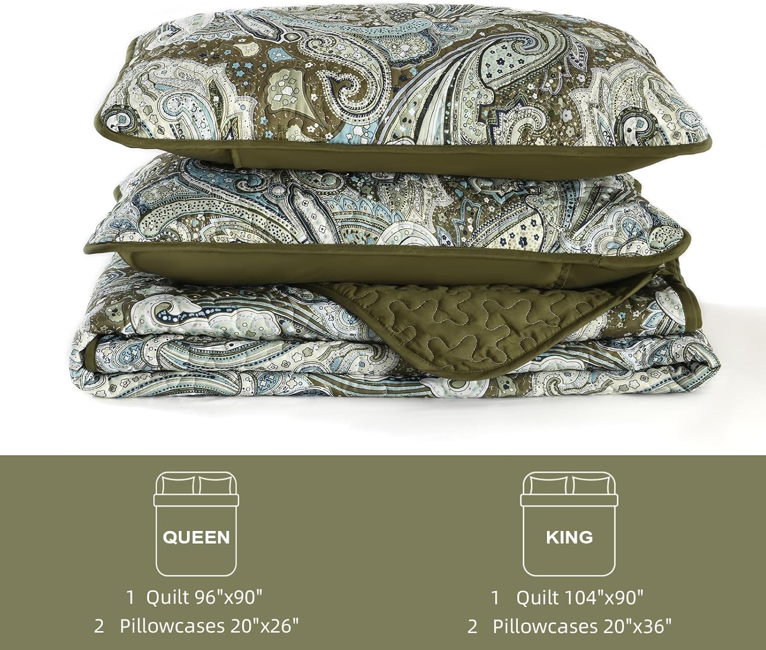 DJY Green Paisley Quilt Set King Size Boho Bedspread Coverlet Set 3 Pieces, Soft Lightweight Microfiber Dark Olive Green Paisley Floral Pattern Bedding Set for All Season, 110''x90'' - Image 8