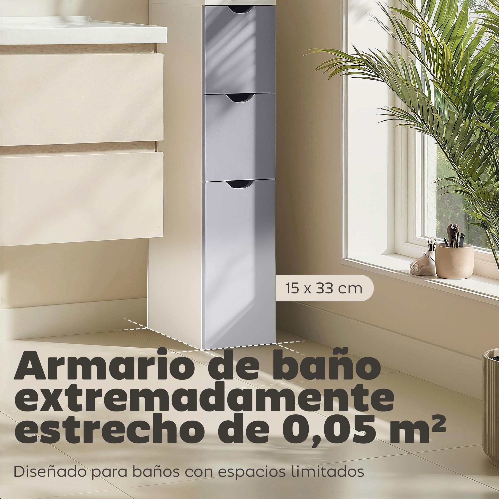 HOMCOM Columna Auxiliar de Baño Estrecha Moderna 15x33x136,8 cm Blanco | Armario Alto de Baño, Mueble Auxiliar, 2 Estantes, 2 Cajones, 1 Puerta, Antivuelco