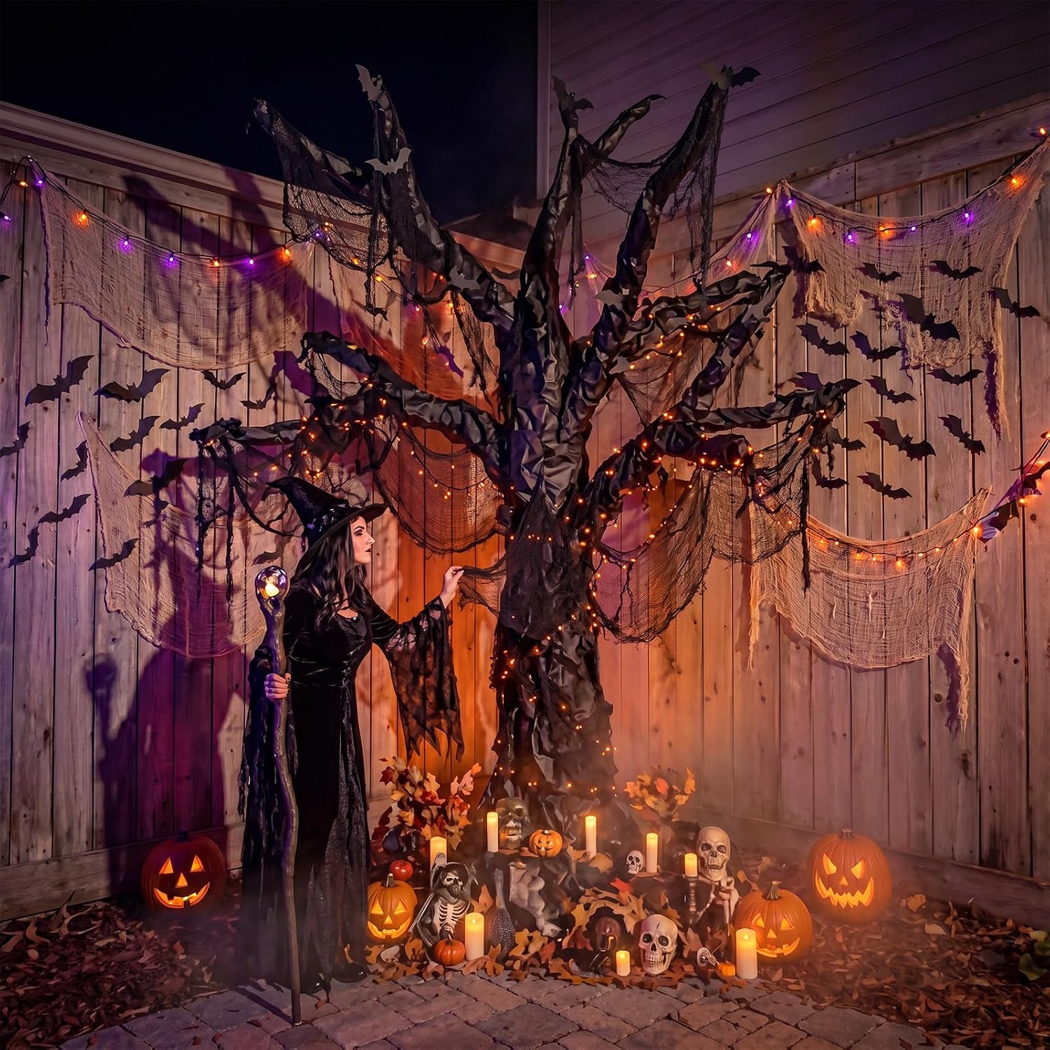 Jetec DIY Halloween Spooky Bat Tree Wall Decor Kit, 3D Bats Set, 98ft Black Paper Rolls, Creepy Gauze, Tapes, Scissors, Large Scale Haunted House Backdrop for Halloween Home Office Party Decorations