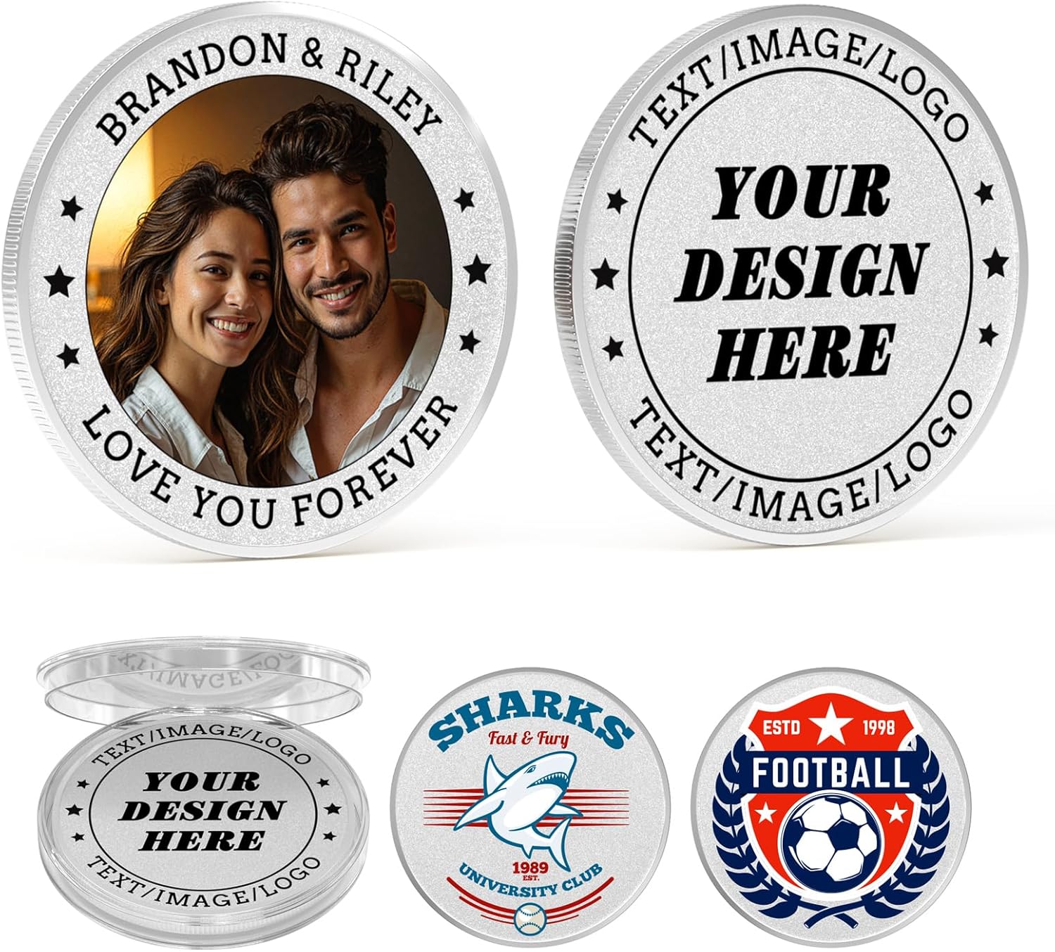 10 Custom Challenge Coins, Metal Commemorative Coin with Logo/Text/Picture, Memorial Gift for Company, Military, Wedding & Anniversary (Silver)