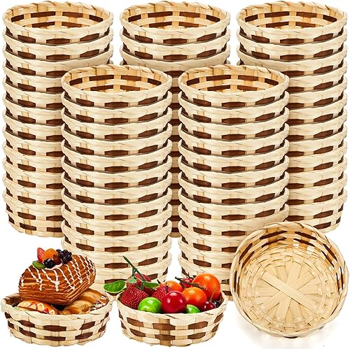 Miniatura 8 de Sintuff 24 cestas redondas de regalo de 6.5 pulgadas, cesta tejida de bambú, cesta pequeña de frutas y pan, cestas vacías para servir alimentos,