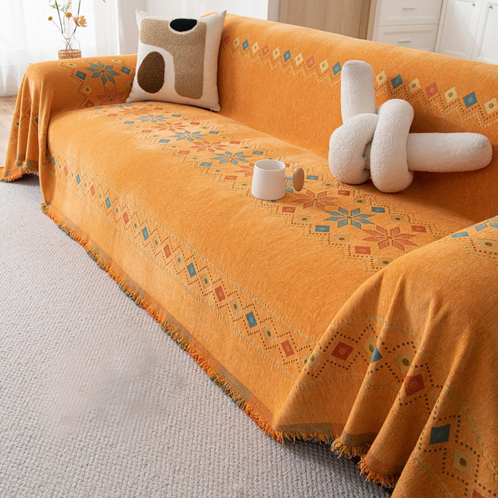 Byevtfq Orange Reversible Chenille Couch Covers, Printed Sofa Cover, Tasseled Furniture Protectors For Dogs Cats, Boho Style Couch Cover