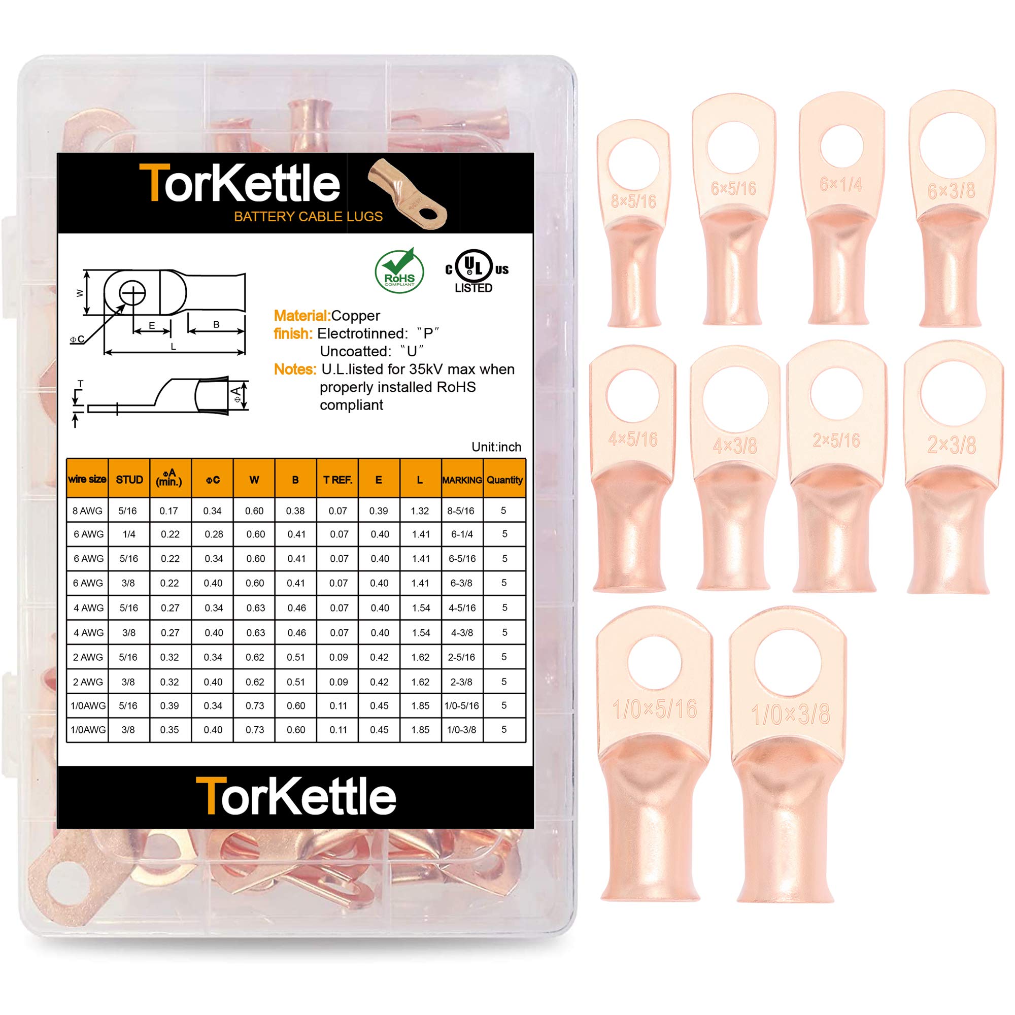 Taukealugs Battery Cable Terminal Ends Connectors, 50Pcs AWG 8 6 4 2 1/0 Gauge Copper Wire Lugs 5/16 3/8 inch Assortment Kit