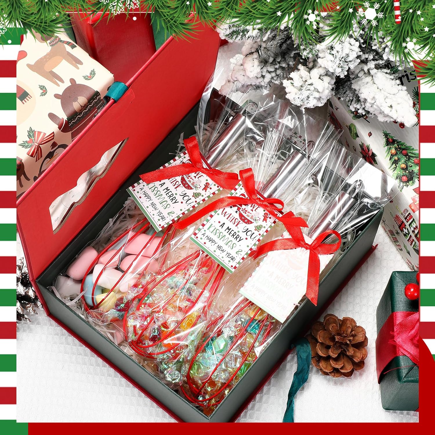Condition photo showing New/Like New for Jingmore 12 Set Valentine's Day Whisk Gifts Bulk Baking Sets for Neighbor Include Stainless Steel Whisk Greeting Cards Ribbons Plastic Bag DIY Cooking Xmas Employee Stocking Stuffer (Christmas) 12 Christmas