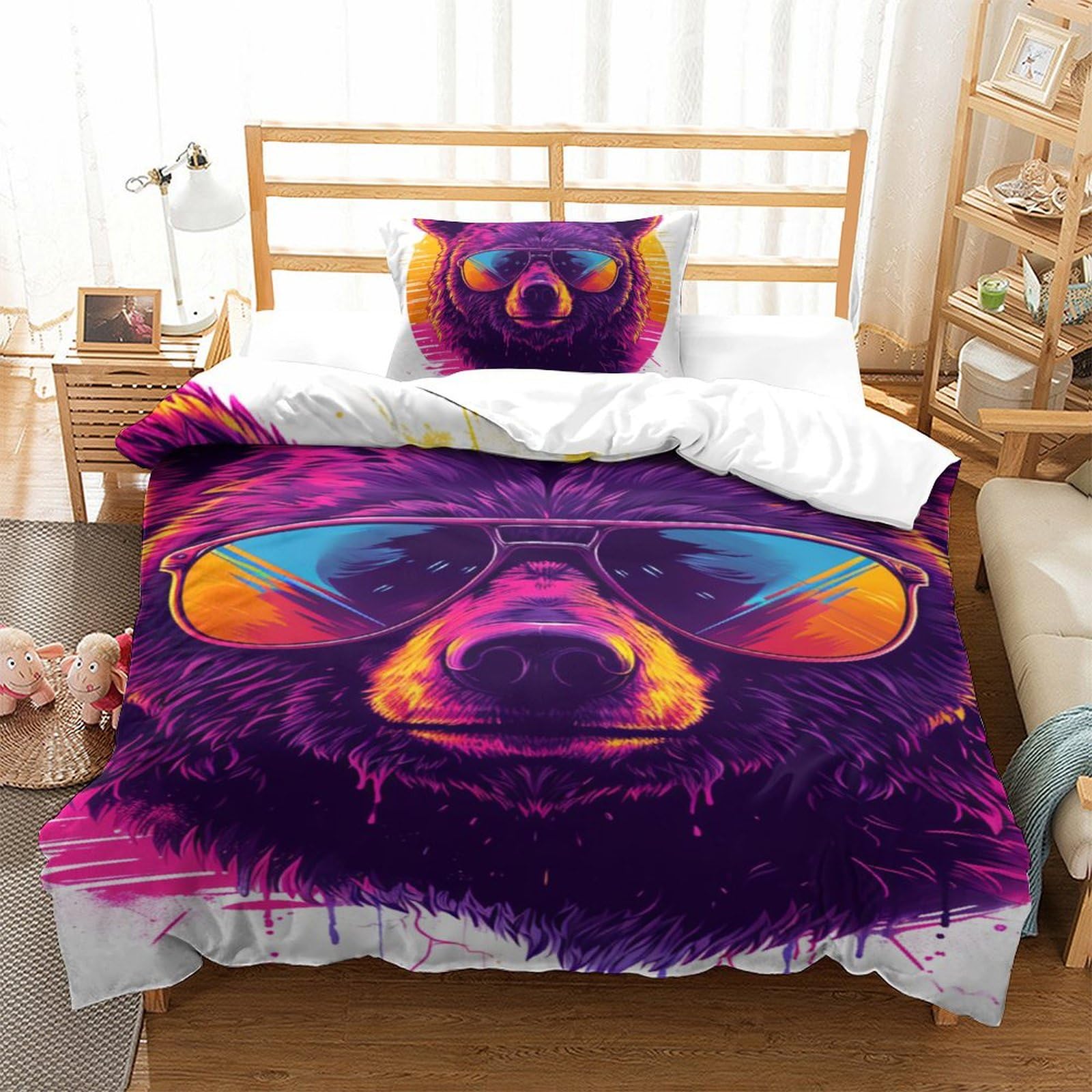 Parure de lit ours 3D avec fermeture éclair pour enfiler la couette sans effort 135x200