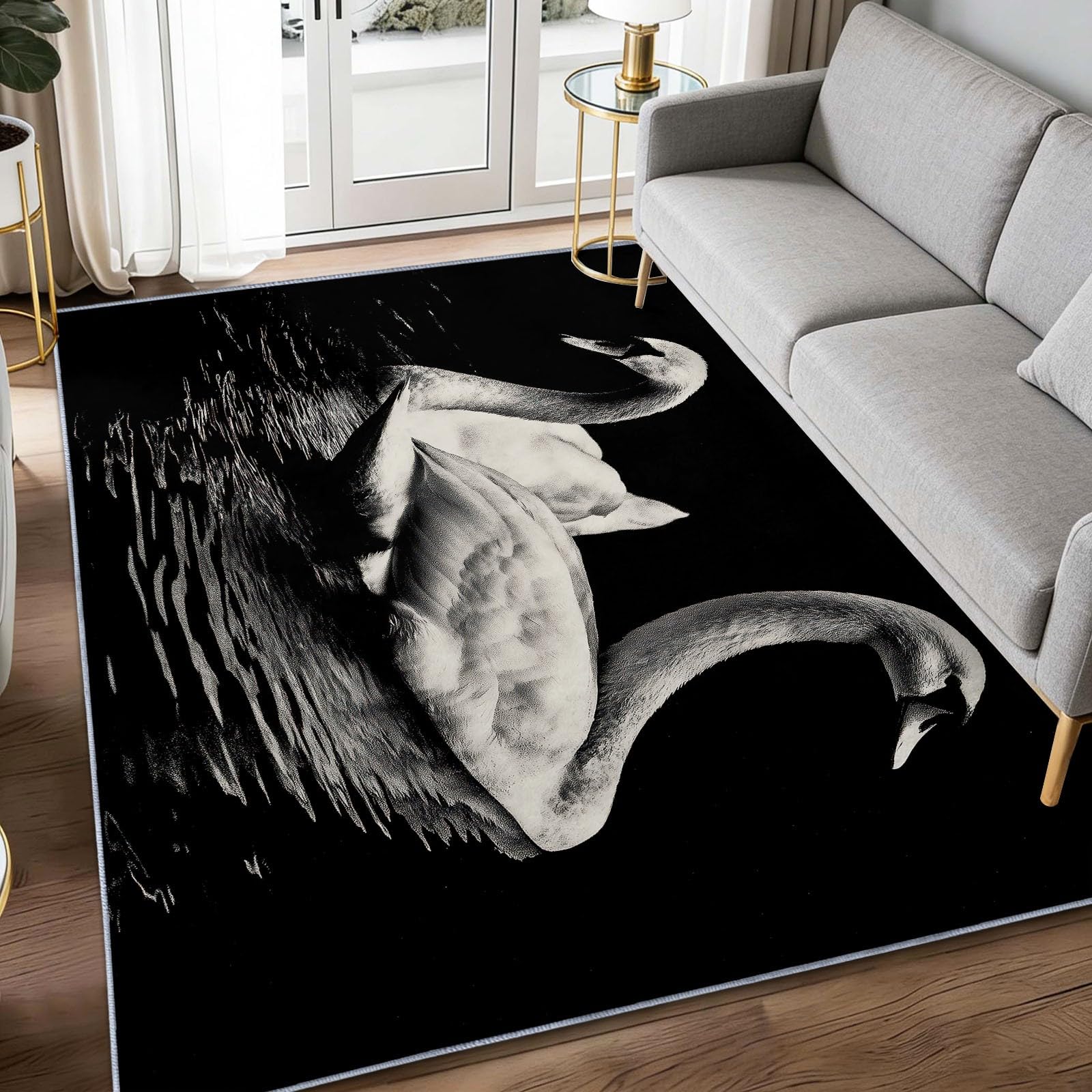Tapis salon lavable antidérapant cygnes pour éviter les taches