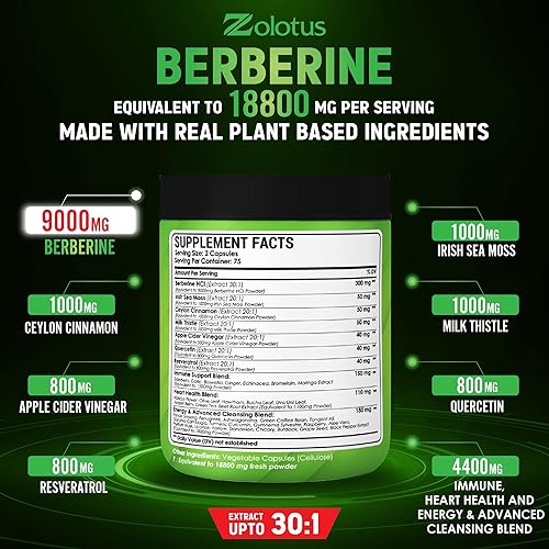 Miniatura 2 de Zolotus Suplemento de berberina de 18800 mg 40 en 1, con musgo marino, canela, cardo mariano, vinagre de sidra de manzana, quercetina, el mejor