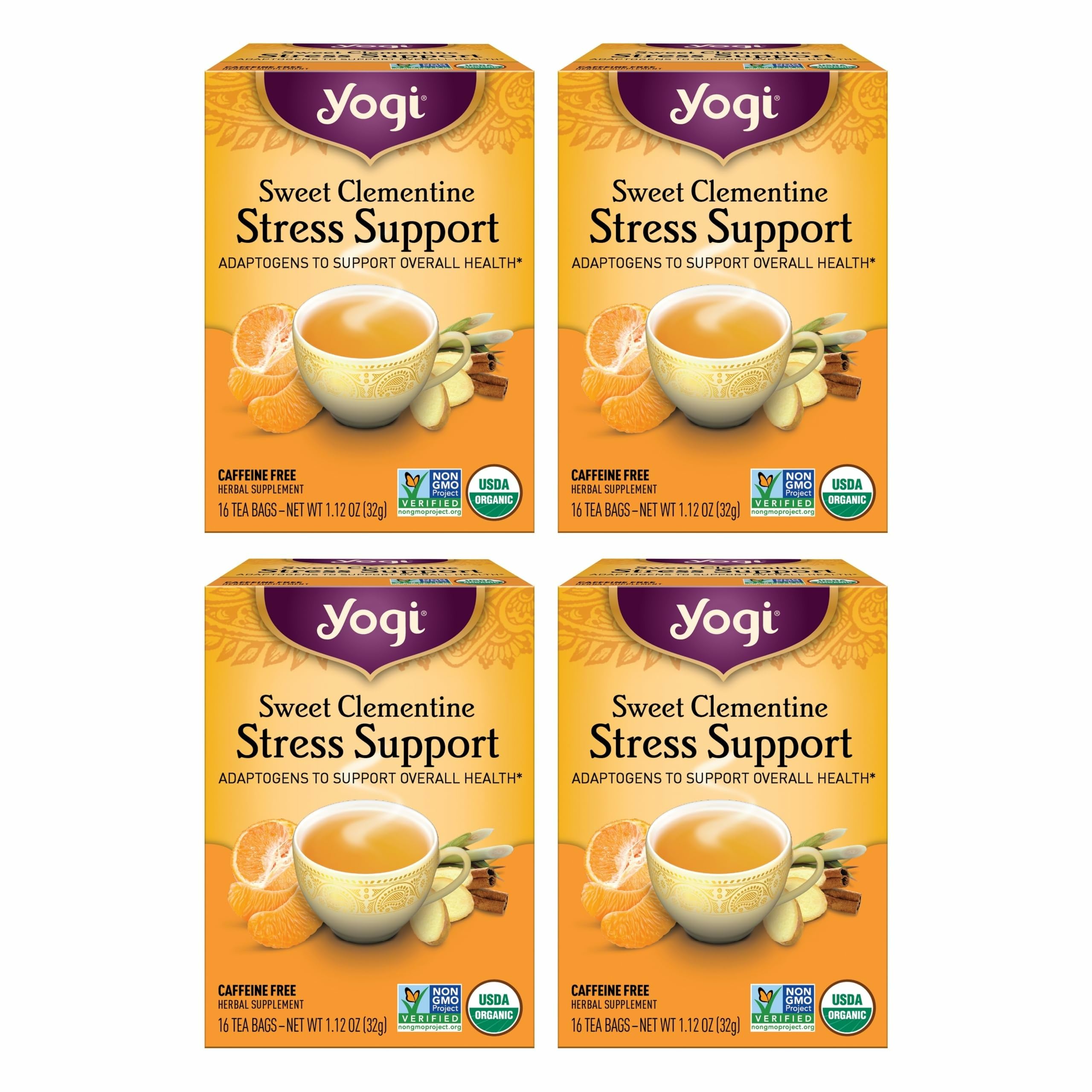 Yogi Tea Sweet Clementine Stress Support - 16 Bags per Pack (4 Packs) - Stress Support Herbal Tea - Calming Adaptogen Tea - Includes Ashwagandha Root, Lemongrass, Cinnamon Bark & More