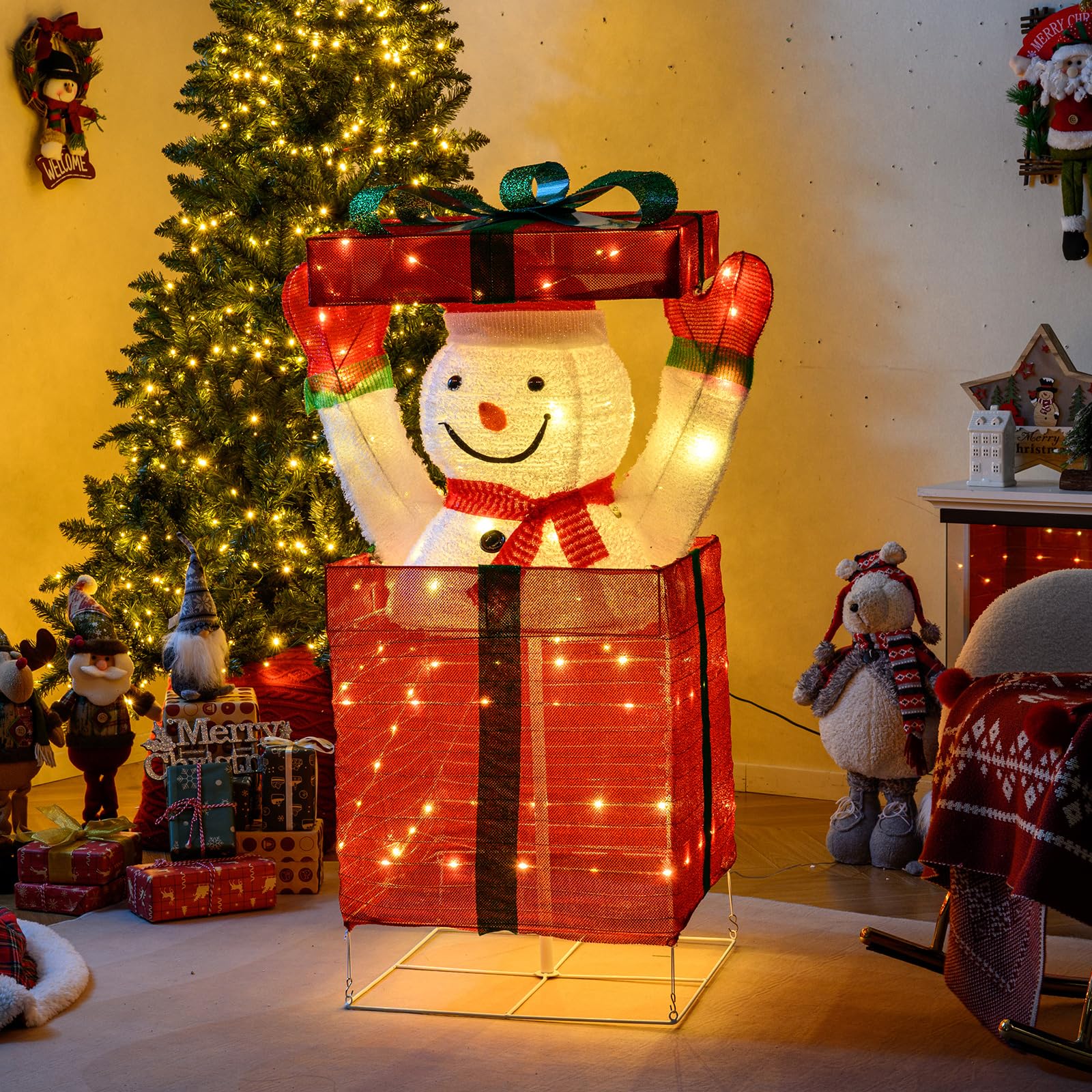 GYMAX Pupazzo di Neve di Natale Luminoso, Pupazzo di Neve con Luci in Scatola Regalo Grande, con Ganci, Picchetti da Terra, Decorazione Natalizia Illuminata per Interni ed Esterni (Modello 3)