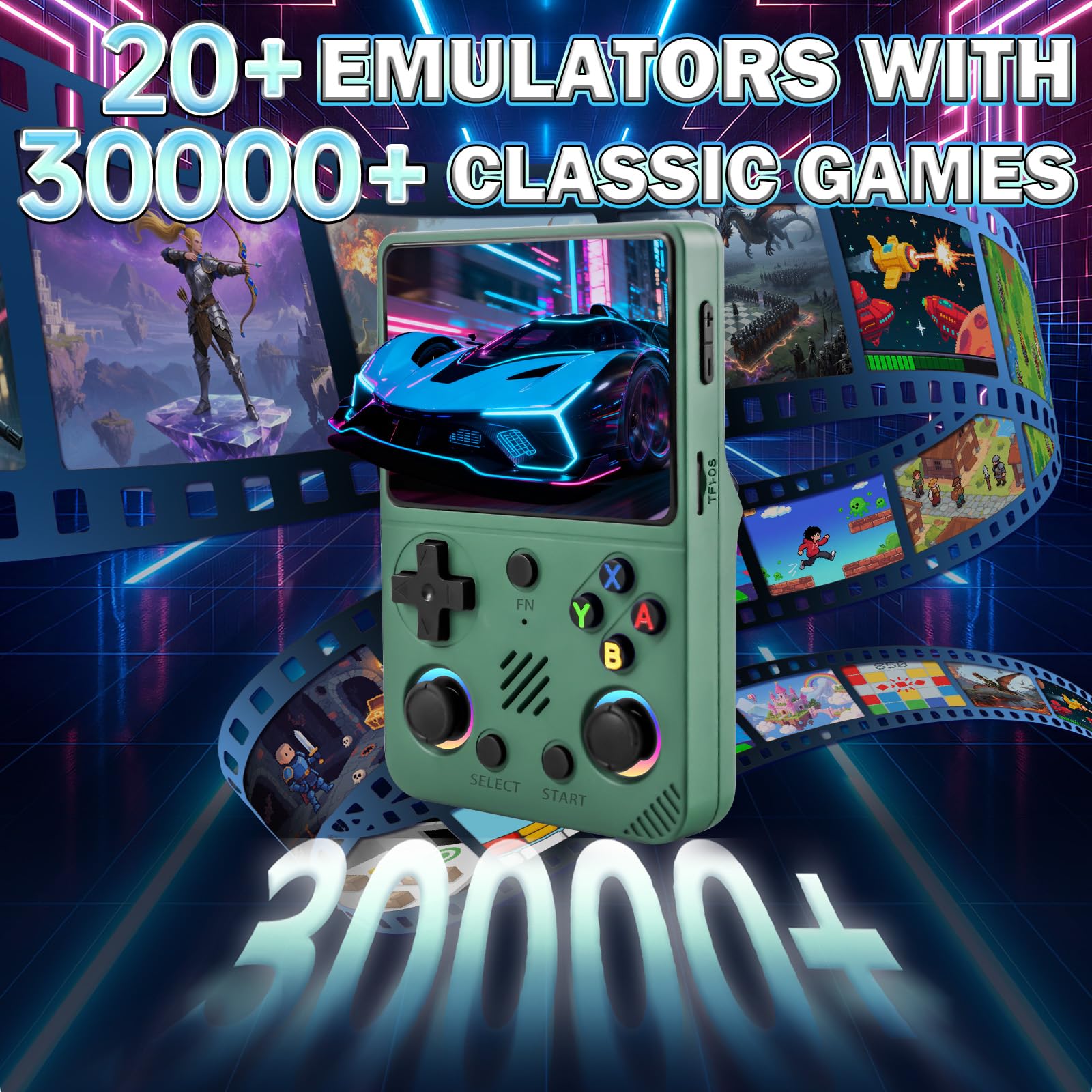 Forlarme RG36PRO Retro Video Game Console-Support 30000+ Classic Games,3.5"IPS Screen,Open Source System,64G TF card,3000mAh Battery,Portable Console for Teen or Partner - Gift for Christmas - Green