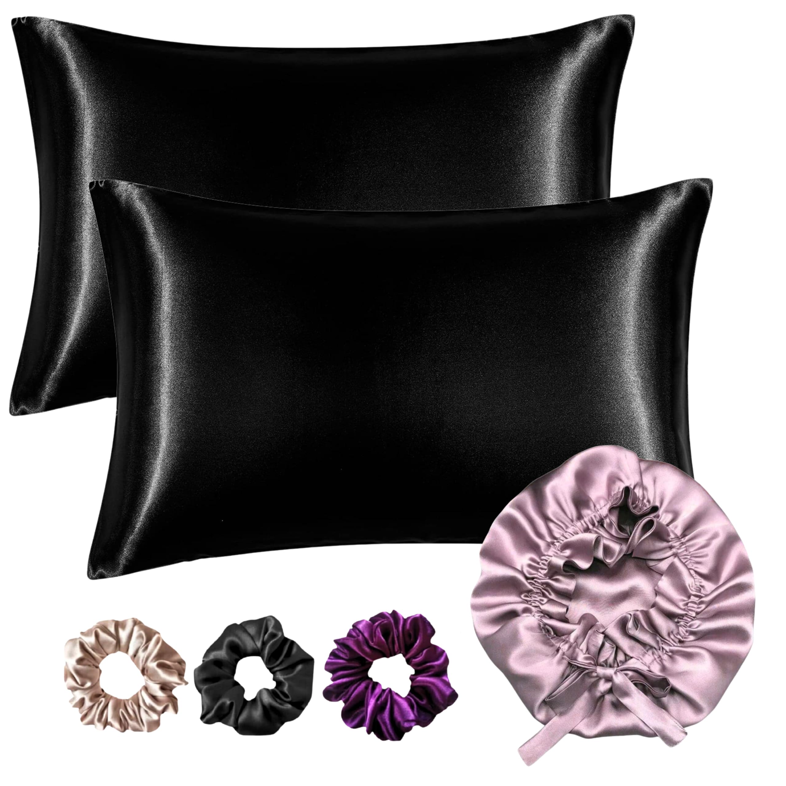 Satin Bonnet for Curly Hair with Free Silk Satin Pillow Covers and Scrunchies | Silk Bonnet for Hair|Best Gift Combo of Pack of 2 Satin Pillowcases with 3 Silk Scrunchies HairCap (Black) (B0D11GW27F) Amazon Price History, Amazon Price Tracker
