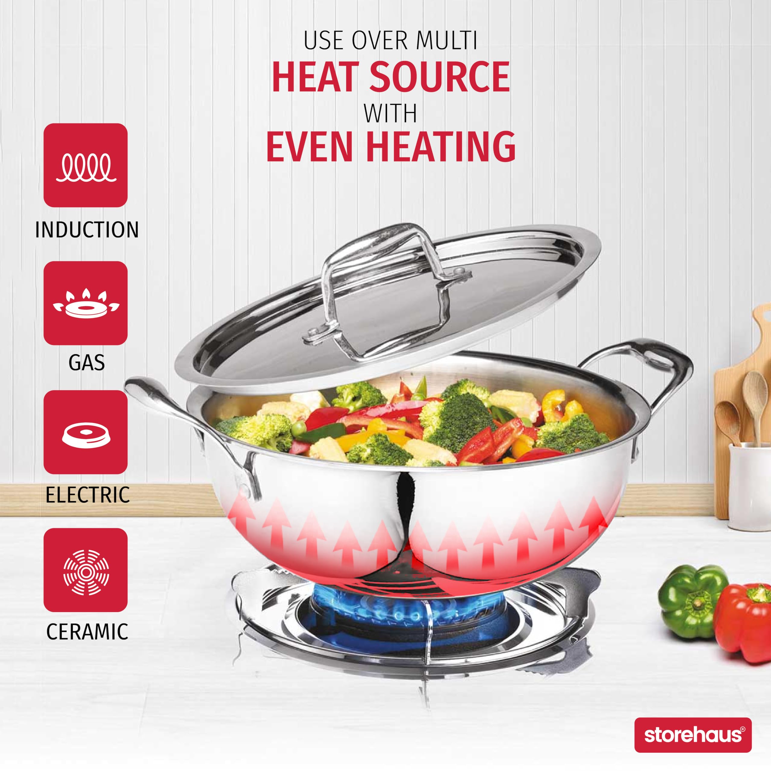 Storehaus Triply Stainless Steel 24 cm Deep Kadai with Lid, 3 L Capacity, Ideal for Curry/Stir Fry/Deep Fry, Broad Hold Handles, Smooth Surface, Induction & Gas Safe with 2 Years Warranty. 1