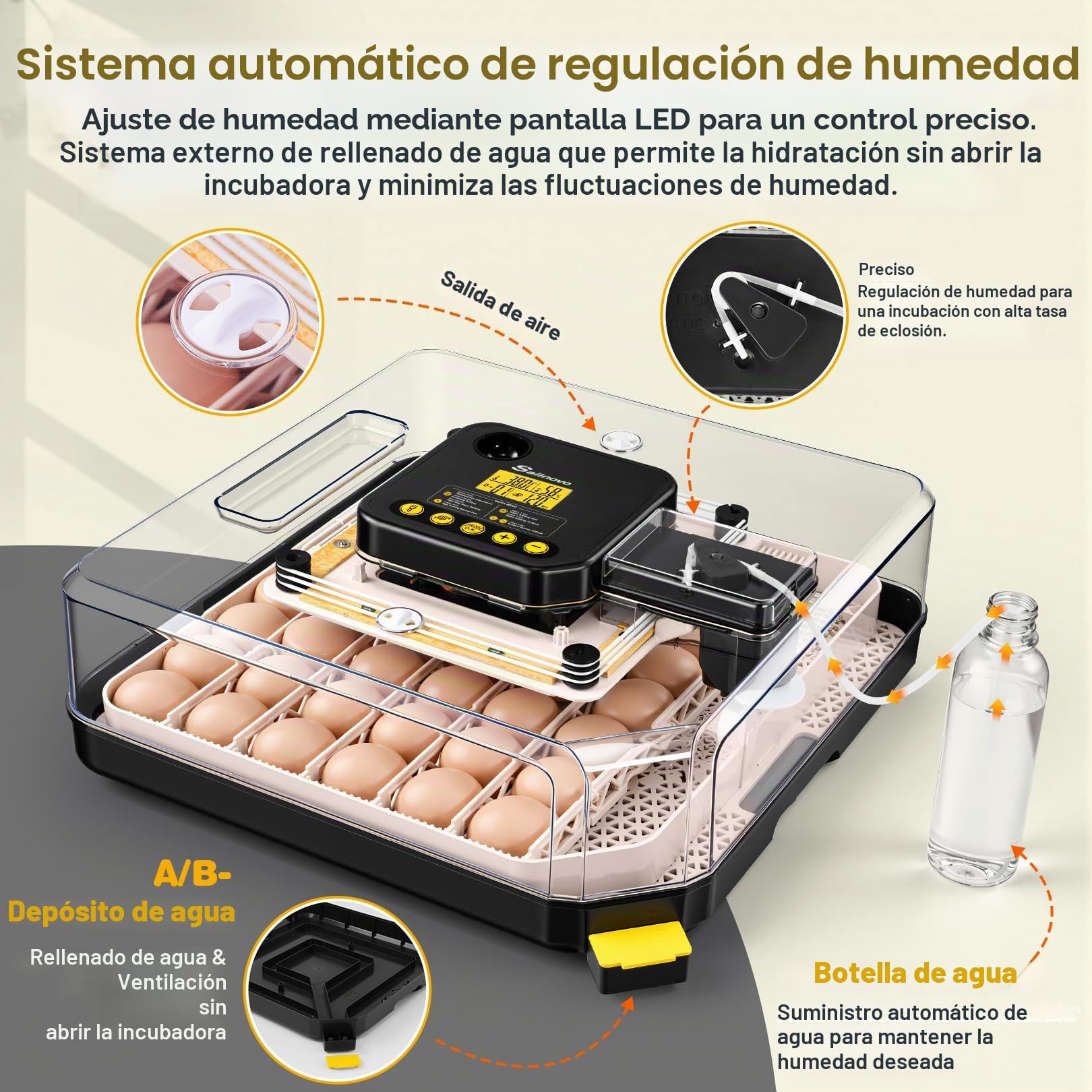 Sailnovo Incubadora de Huevos Automática 48 Huevos con Control Preciso Temperatura/Humedad, Volteador Automático de Huevos, Vista 360°, Ovoscopio Para Huevos, Para Gallina/Pato/Codorniz,Gris