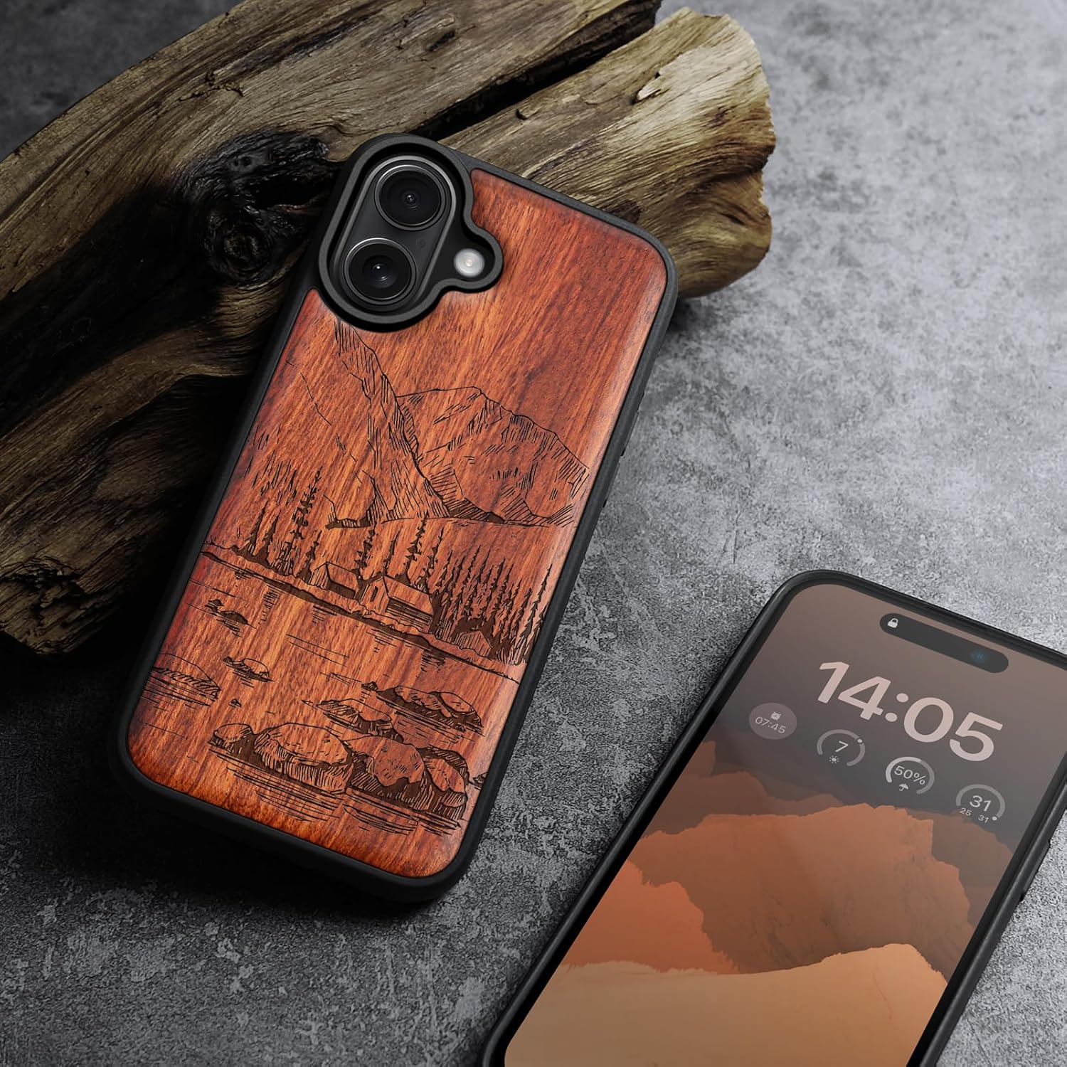 Carveit Magnetic Wooden Case for iPhone 16 Plus Case, Wood Artisan Engraved & Black Soft TPU Shockproof Cover, Compatible with MagSafe Wireless Chargers (Lakes and Mountains) Rosy