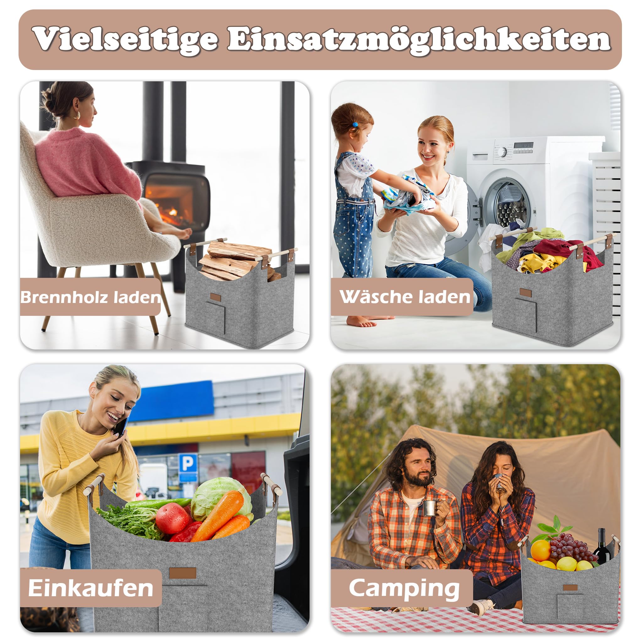 HENGMEI Brennholzkorb Filzkorb 4 Stück Holzkorb Kaminholz Filztaschen Extradickem Kaminholzkorb mit Griff Feuerholzkorb für Feuer Brennholz(50x32x40cm, Grau)