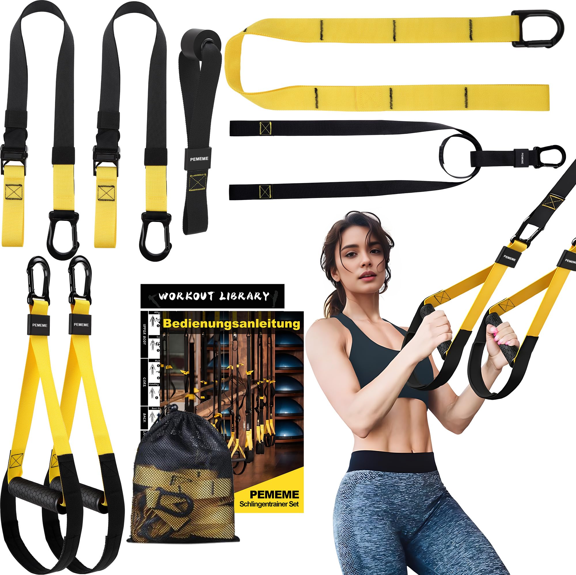 Schlingentrainer für Zuhause, Sling Trainer Set für Ganzkörpertraining mit Türanker, Verstellbaren Trainingsgurten, Griffen und Tragetasche – Home Gym Fitnessgerät