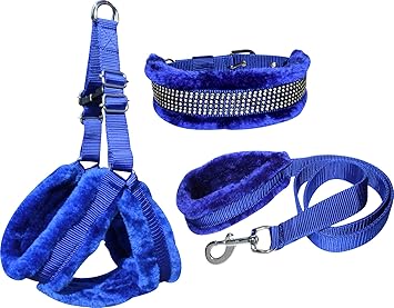 S.Blaze Dog Belt Combo of 1 inch Padded Blue Fur Dog Harness with Dog Collar & Leash Specially for Medium Breed Dog Harness & Leash