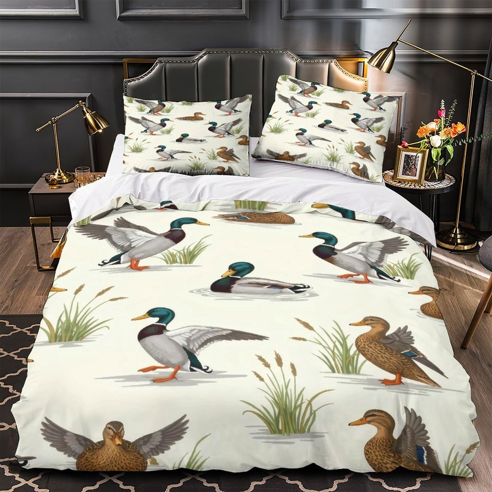 Parure de lit canards avec housse de couette microfibre 135x200cm pour lit simple adulte