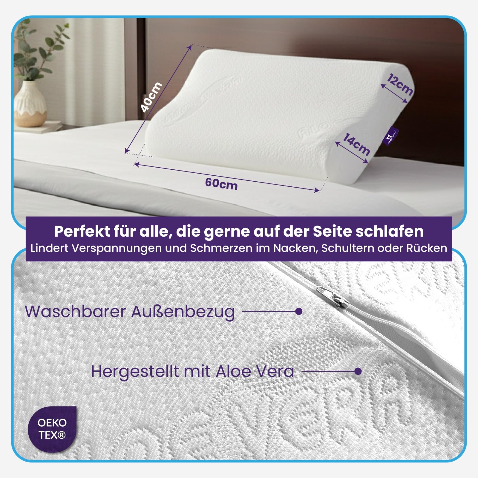 Kopfkissen 60x70cm - Memory Foam Kissen mit Nackenstütze [ Aloe Vera-Bezug], Ergonomisches Schlafkissen mittlere Festigkeit [2 verschieden Höhen] - Anti-Allergisch waschbar