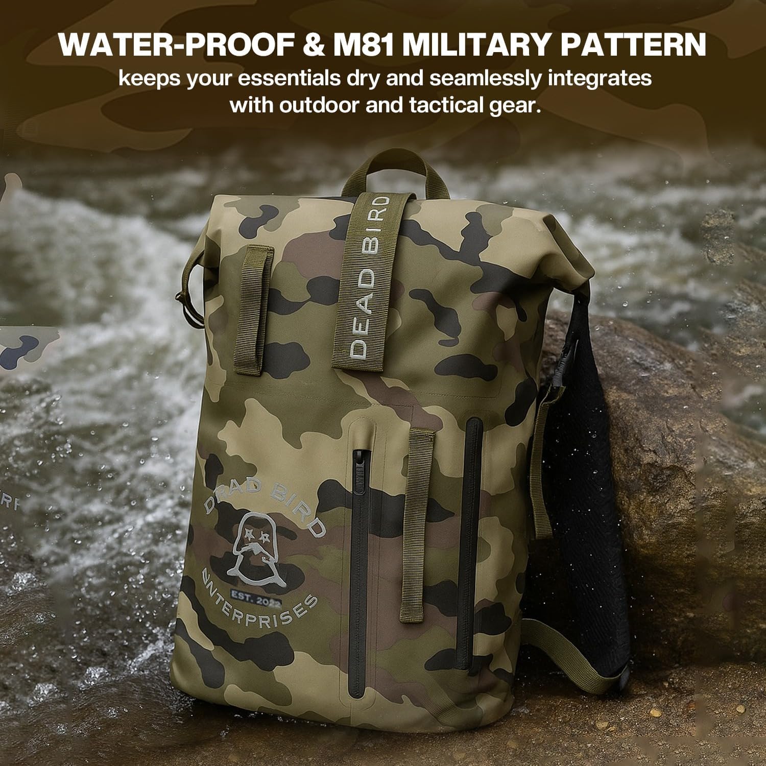 Roll Top Waterproof Backpack, 25L Camouflage Pattern Dry Bag with MOLLE Loops and Adjustable Straps, WaterTight Duck Hunting Backpack for Camping, Hiking and Outdoor Travel