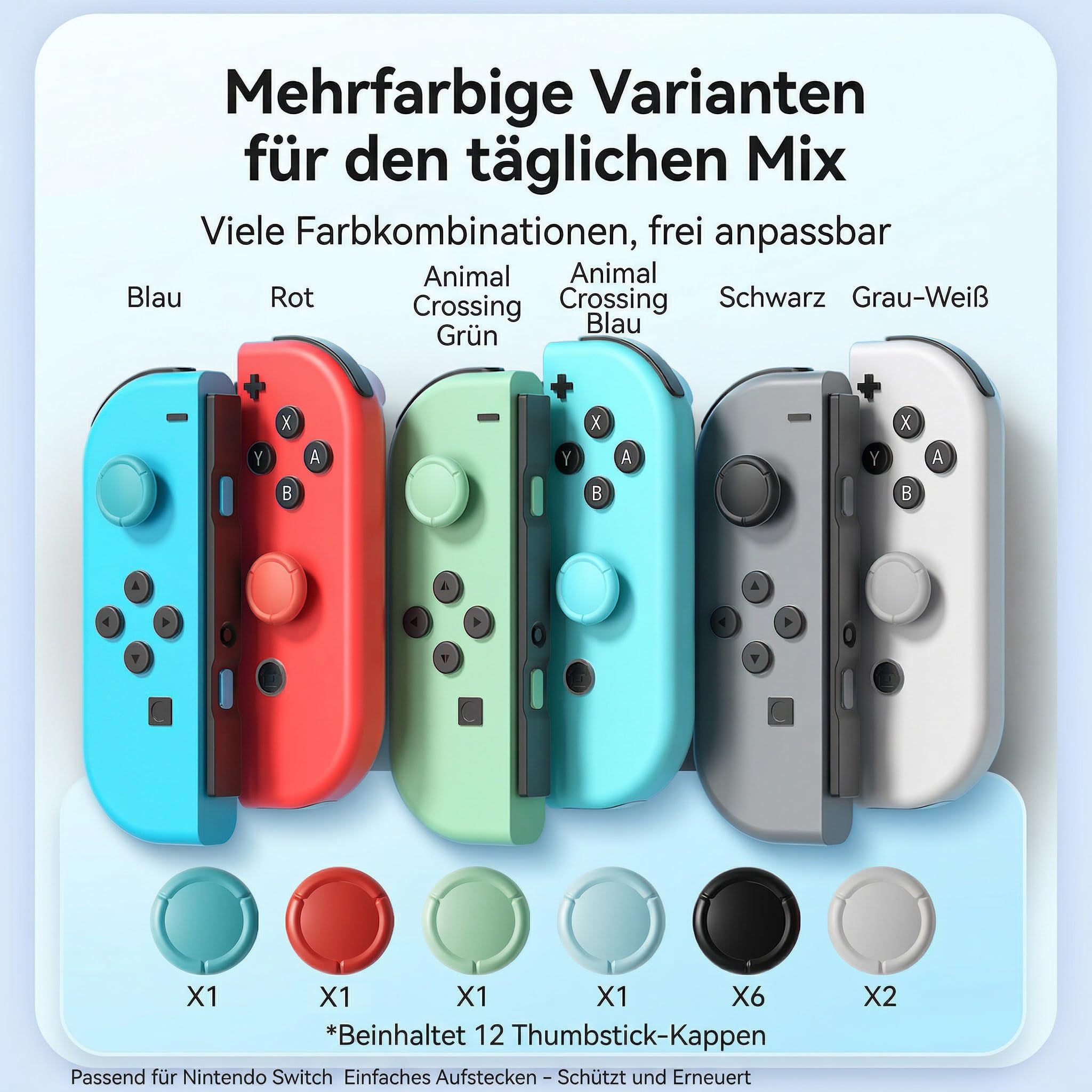MatoSan Thumbstick Ersatzkappen 12er Set – Kompatibel mit Nintendo Switch, Switch OLED & Switch Lite – Analog Stick Kappen rutschfest, kein Kleber nötig – TPR – Farbmix