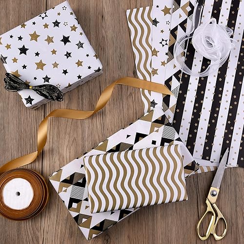 Miniatura 2 de PlandRichW Papel de regalo plegado negro, blanco y dorado, diseño mate, estrellas, rayas, ondulaciones, cuadros para cumpleaños, Navidad,