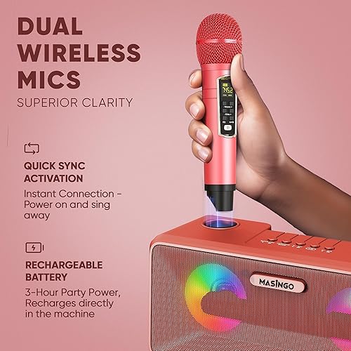 Miniatura 39 de MASINGO máquina de karaoke para adultos y niños, con altavoces Bluetooth portátiles, 2 micrófonos inalámbricos, luces LED, sistema PA y modo karaoke