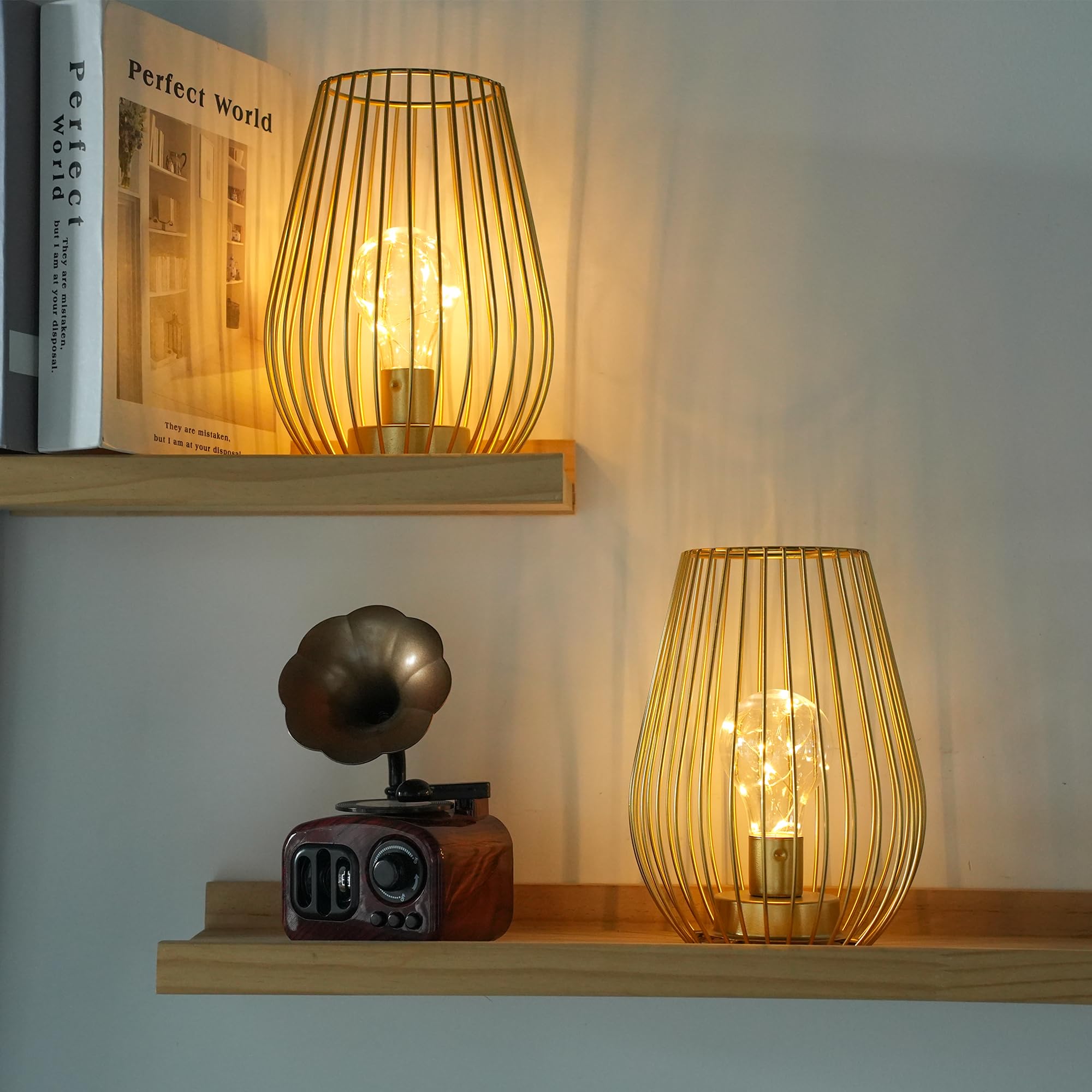 TRIROCKS Set di 2 lampade da tavolo senza fili in metallo, altezza 20 cm, a forma di gabbia, alimentate a batteria, per interni ed esterni, per Natale, giardino e matrimoni (oro)