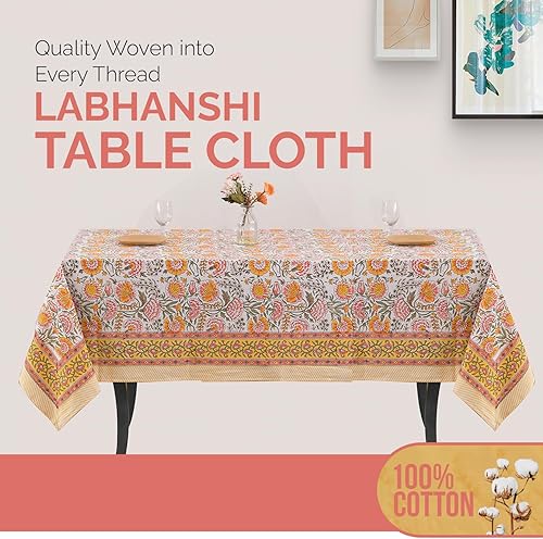 Miniatura 5 de Labhanshi Mantel redondo de 60 pulgadas con estampado de bloques de mano indio de 60 pulgadas, 4 plazas y rectangular, 60 x 90 pulgadas, mantel de 6