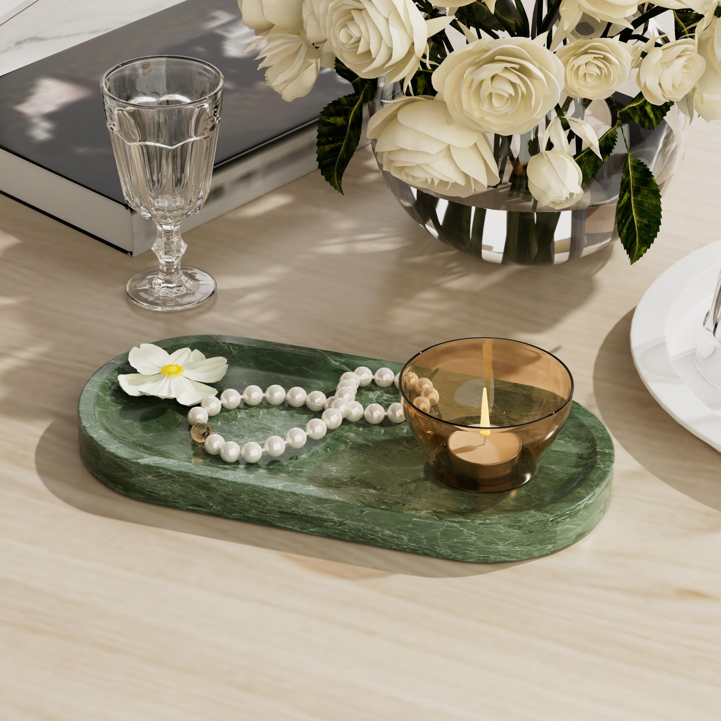 Bandejas para Cosméticos de Mármol Natural,25x12x1.8cm,Verde | Bandejas Decorativas con Almohadilla Antideslizante,Bandeja Organizadora para tocador con Texturas únicas,para Perfumes,Jabón