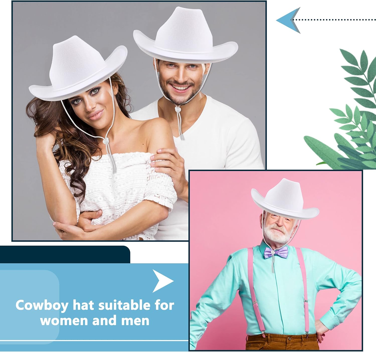 6 Pack White Cowboy Hat Felt Western Hat Wide Brim Cowboy Cowgirl Hat for Adult Bachelor Party Costume Accessories