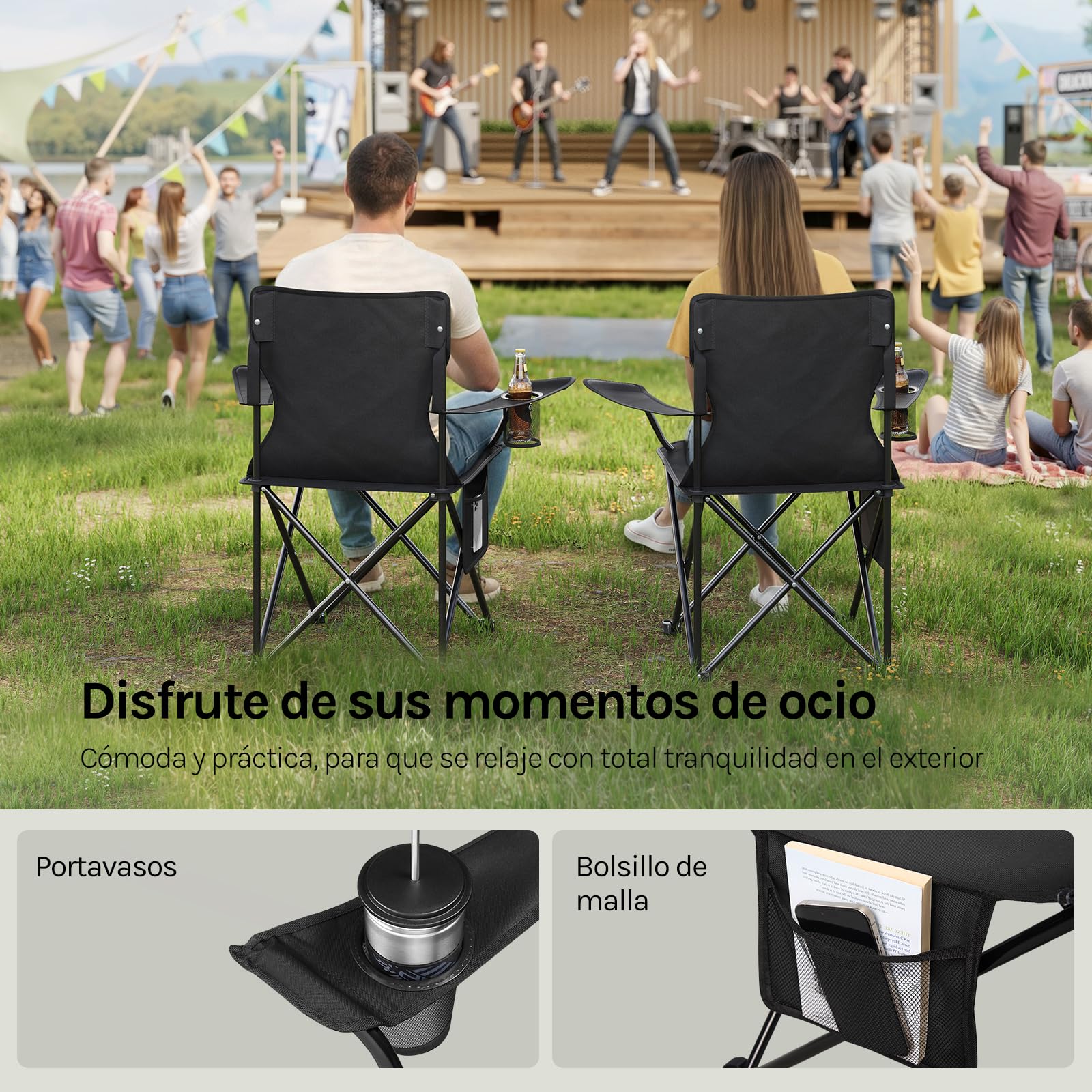 WOLTU 2X Sillas Camping Plegables con Respaldo, Sillas Pesca con Bolsillo Lateral y Portavasos, Tela Oxford, para Playa, Picnic y Terraza, Capacidad de Carga 120 kg,Negro