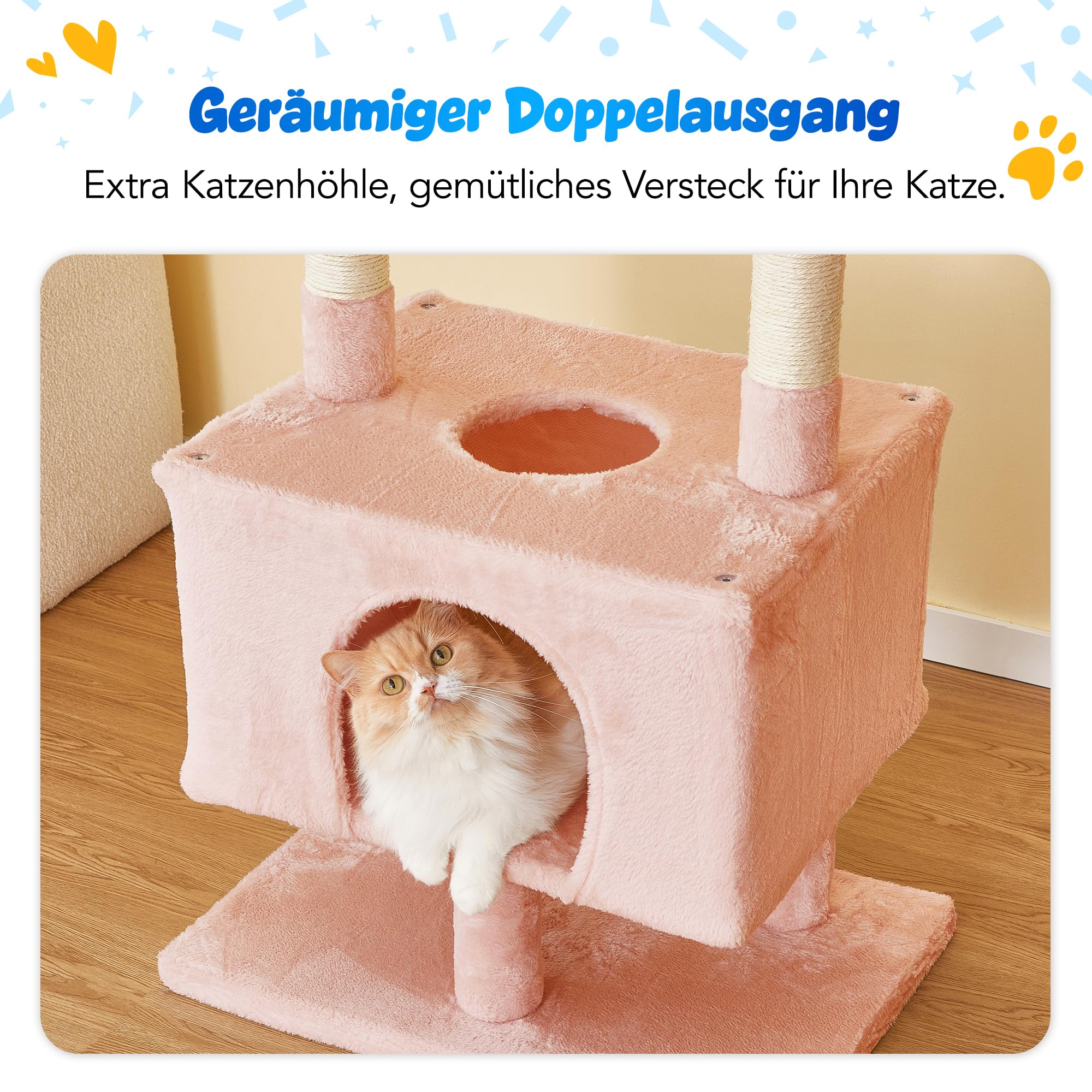 Árbol rascador para gatos rosa con altura ajustable de 235 – 258 cm, 7 pisos, escalador y casa de juegos con columna rascadora, cómoda cesta para dormir y hamacas para gatos de apartamento