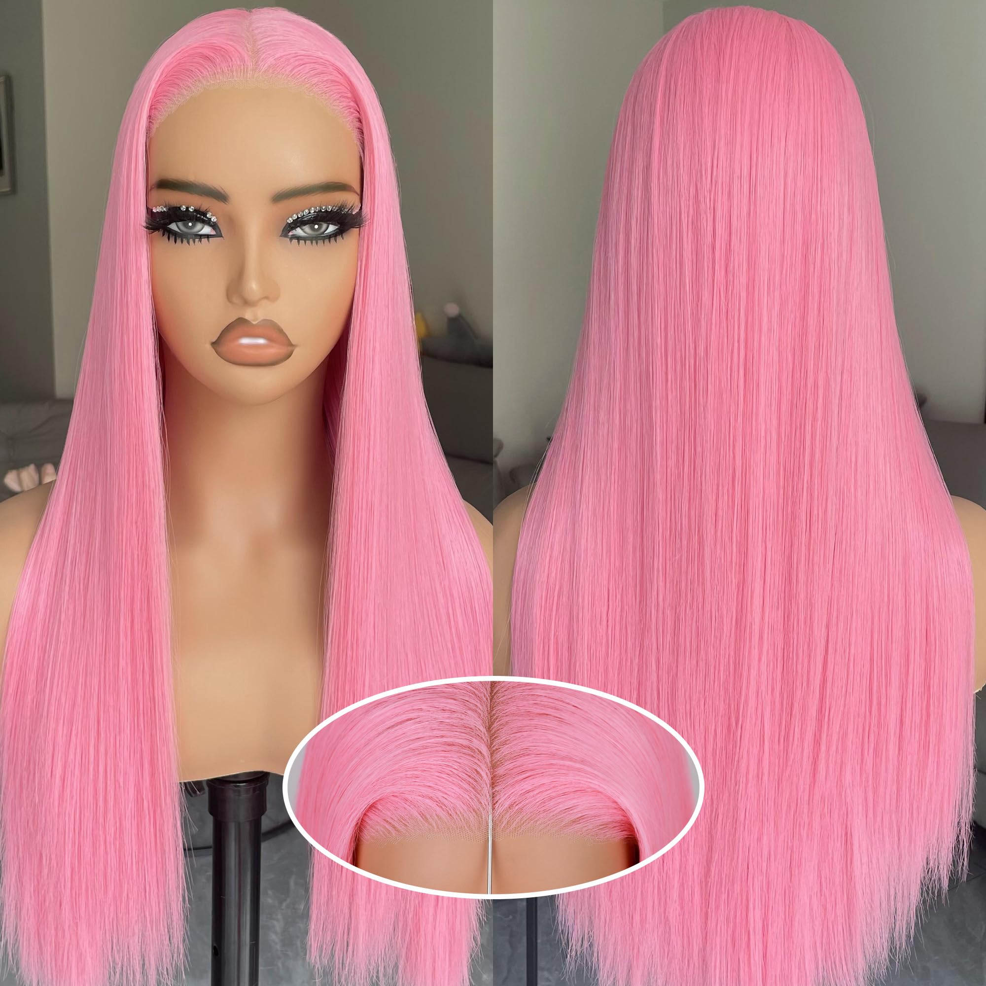 BLL Pink Lace Front Wig, Synthetic Glueless Pre Plucked Pre Cut 6x4.5 Lace Easy to Wear Put on and Go 26inch Straight Wigs for Women Beginner Friendly
