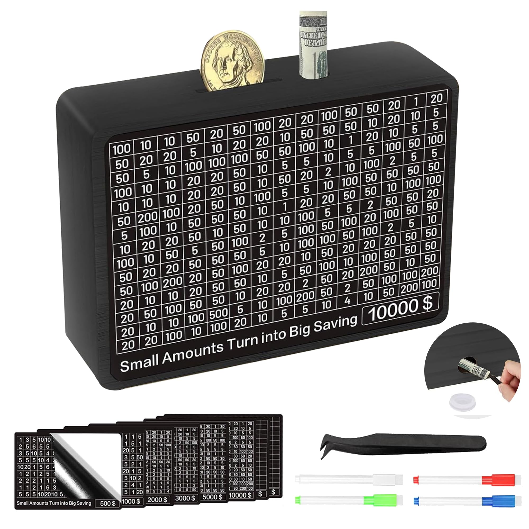 Wooden Money Saving Box,Piggy Bank for Adults Kids,Cash Savings Challenge Box,Money Saving Box with 10000 Dollars Target,No Install Required,Convenient and Practical (Black)