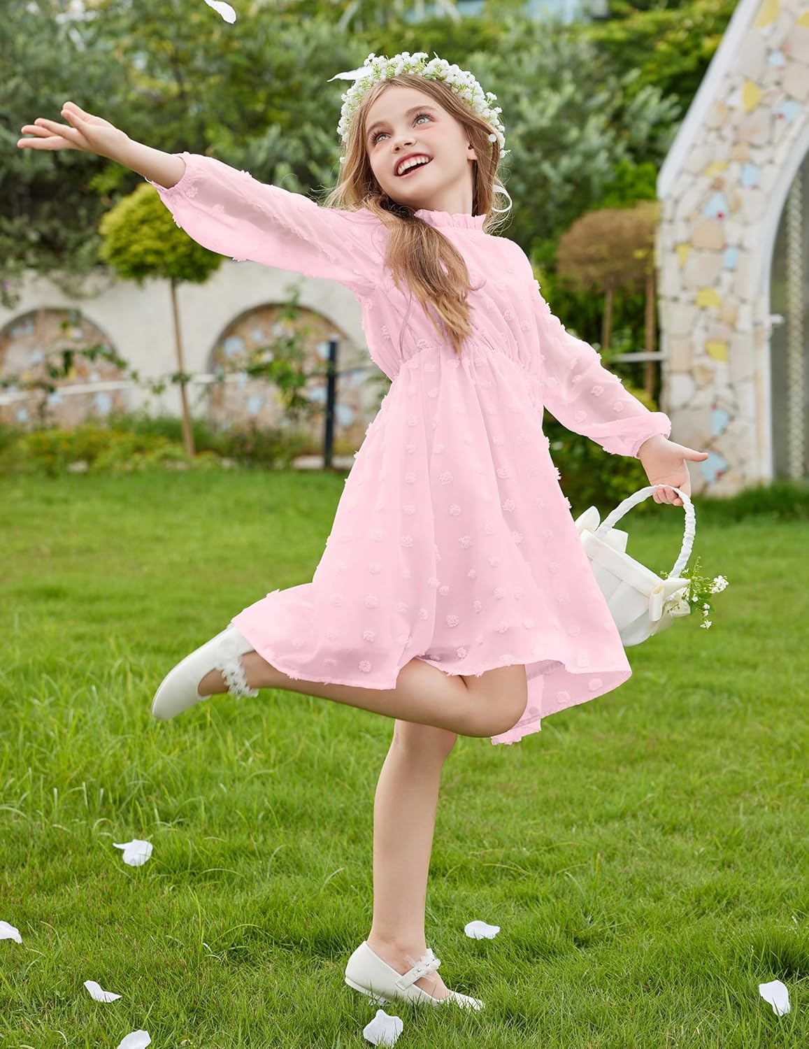 Arshiner Girls Dress Long Sleeve Swiss Dot Ruffle Collar Flowy A-Line Party Dress for Kids 5-13Y - Image 2