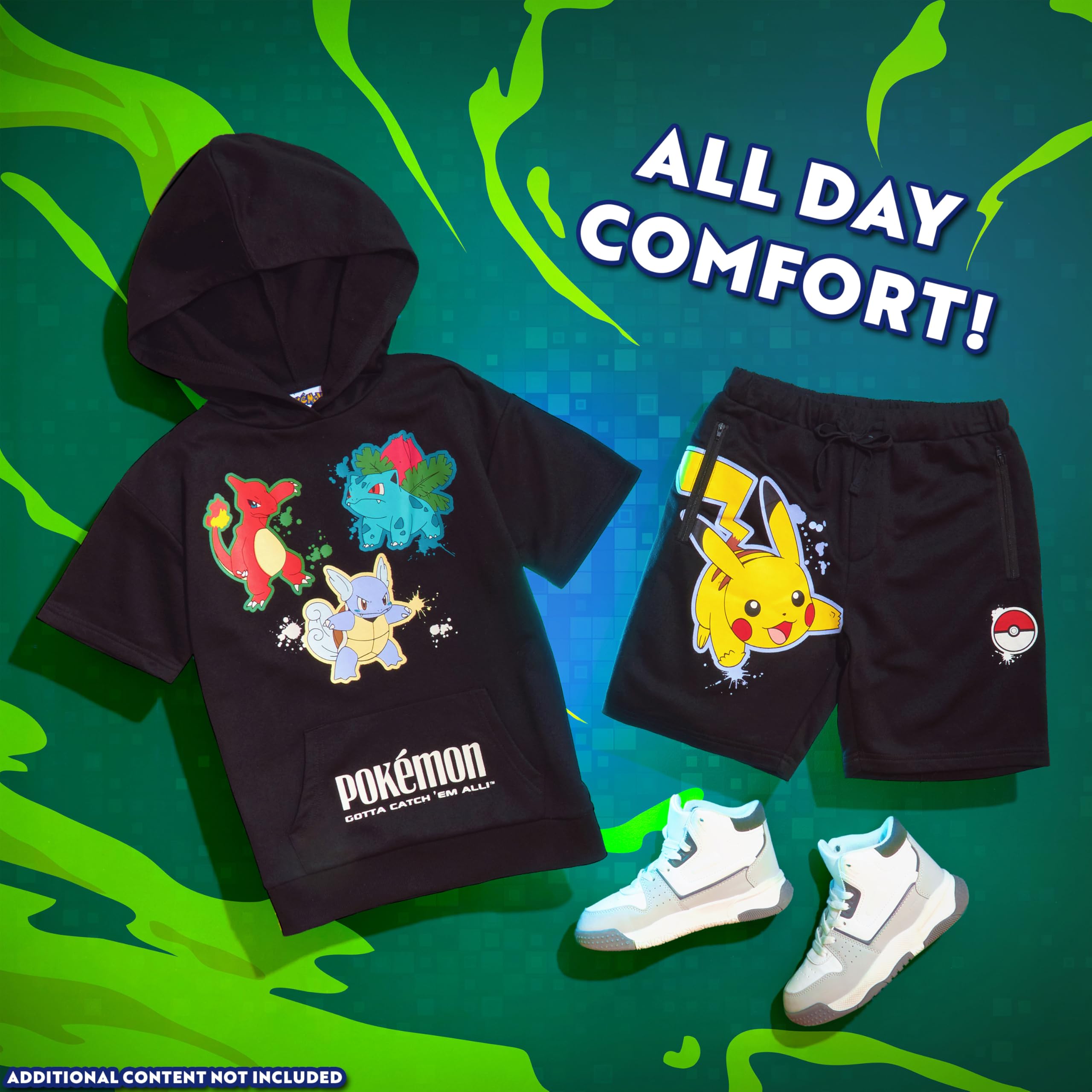 Pokémon Short à Capuche Survêtements Garçon et Ado 2 Pz Set Pikachu Manches Courtes Jogging Enfant Poches Zippées Cadeau Garcon