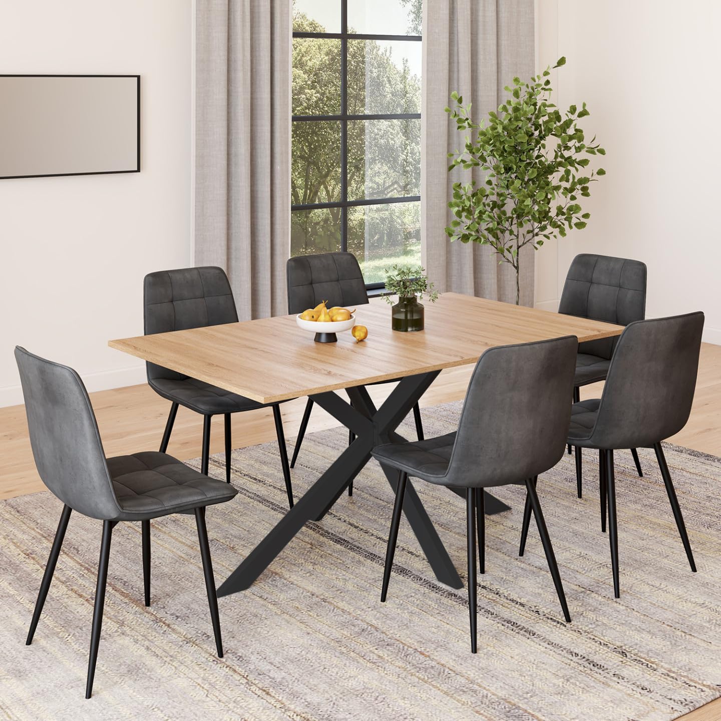 Ensemble Table à Manger Rectangle Alix 160 cm Bois Noir 6 Chaises Mila Velours Gris foncé