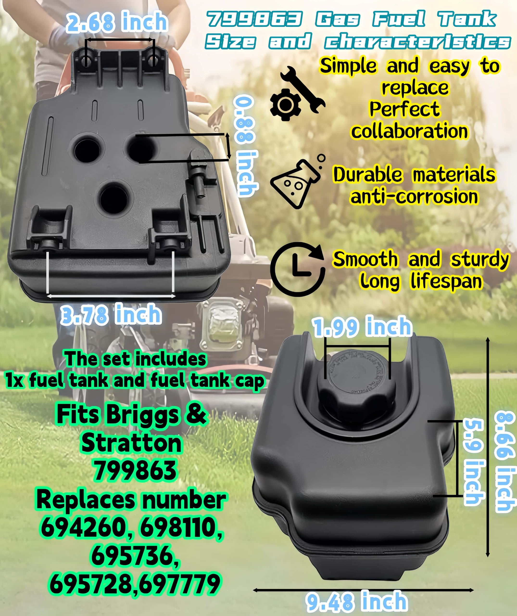 Depósito de combustible 799863 compatible con la mayoría de motores modelo 121000 122000, sustituye a Briggs Stratton 694260 698110 695736 697779 cortacésped